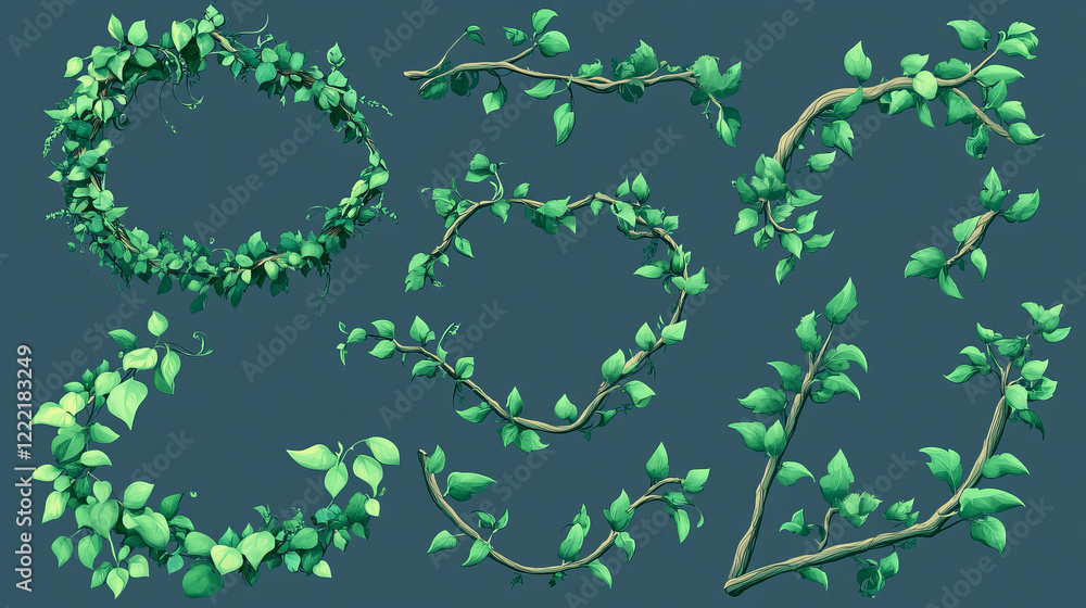 Poster frames and borders made of liana twisted and tangled branch with green leaves. cartoon vector rain f
