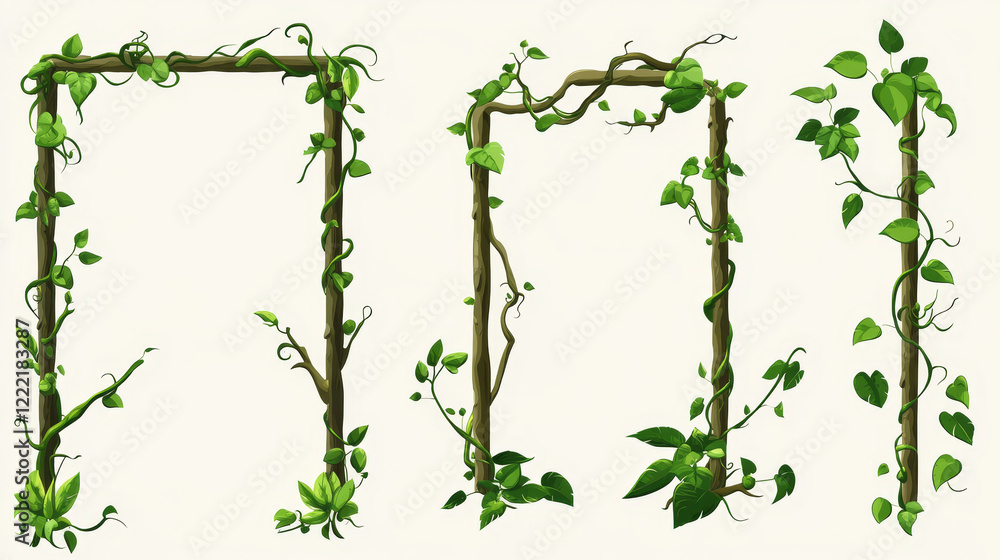 Poster frames and borders made of liana twisted and tangled branch with green leaves. cartoon vector rain f