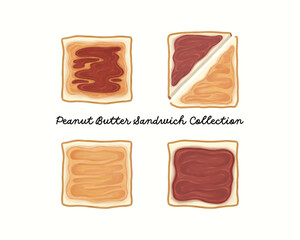 Set food illustration of peanut butter jelly and sandwich on white background