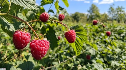 Obraz premium Ripe raspberries on a dark blurry background, Ripe raspberries on a branch in the garden. Juicy red berries. Organic and healthy food. Healthy lifestyle. Summer berries.