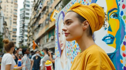 Obraz premium International Women of Color Day. Female artist painting a colorful mural outdoors, smiling with a spray can in her hand.