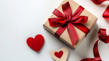 White background with a beautifully wrapped valentines day gift box red ribbon and a heart shaped card ready for a romantic celebration