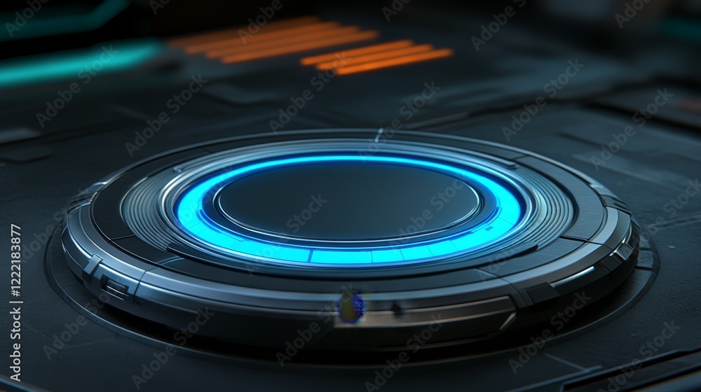 Poster closeup of a vibrant blue push button on computer keyboard, detailed macro photography image