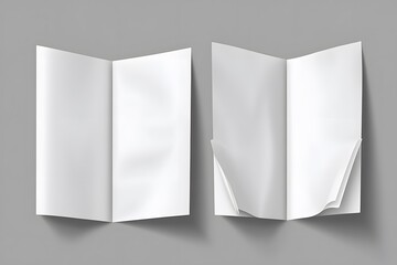 Two blank folded paper leaflets; one flat, one slightly curled, on grey background.