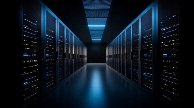 Dark hallway in a server room with technology equipment in the background