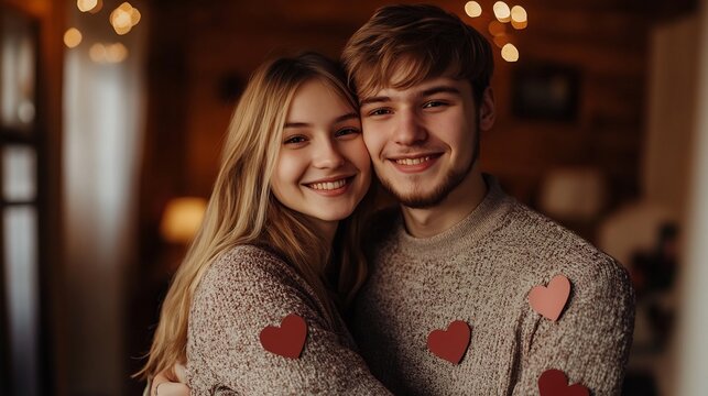 Young photogenic couple Valentines Day smiling surrounded heart They dressed casual elegant attire celebrating their love indoors romantic scene exudes warmth affection ample space personalized