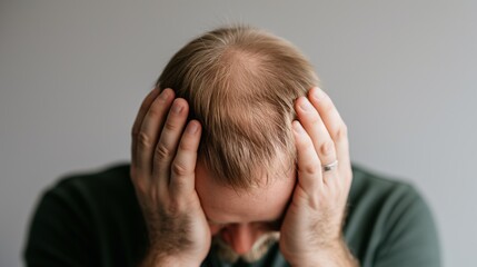 Fototapeta premium Baby Sleep Day. A man expressing stress or frustration with his head in his hands, set against a plain background.