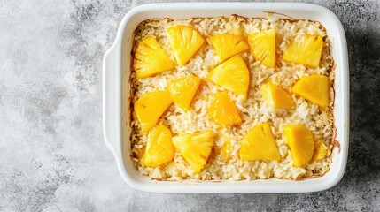 Delicious dessert of creamy yogurt, pineapple, granola, and raspberries.