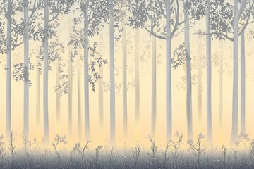 Forest Dawn Gradient: A forest scene where the sky transitions from a misty gray at the tree line to a pale, early morning yellow