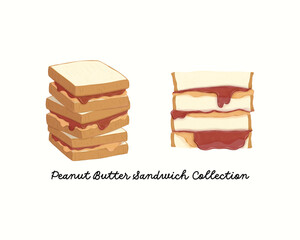 Set food illustration of peanut butter jelly and sandwich on white background