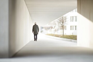 Minimalist architecture frames solitary figure walking through w
