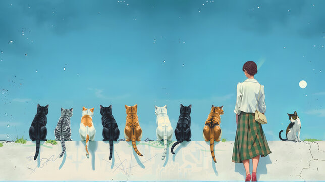 Girl and dogs watching sunset together, AI generated