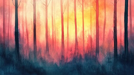Obraz premium Ethereal Forest Landscape at Sunset with Radiant Colors and Tall Trees, Blending Shades of Orange, Pink, and Purple in a Dreamy Atmosphere, Creating a Serene Ambiance