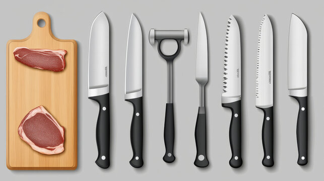 Chef and butcher knives, cutting board and scissors for cooking. Vector realistic set of 3d kitchen tools, metal knives with sharp blades and black handles, axe for meat and wooden plank