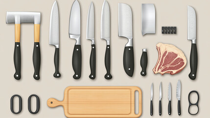 Chef and butcher knives, cutting board and scissors for cooking. Vector realistic set of 3d kitchen tools, metal knives with sharp blades and black handles, axe for meat and wooden plank