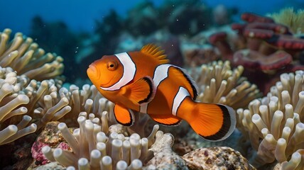 Orange colour  clownfish swimming gracefully