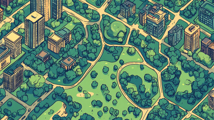 Fototapeta premium Isometric map of city streets with buildings. Vector cartoon illustration of urban landscape with roads, apartment houses, cafe, shop, bank, hospital, park with green lawn, trees and river around town