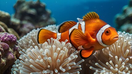 Orange colour  clownfish swimming gracefully