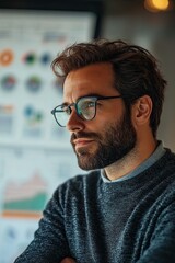 Obraz premium Focused individual in sweater and glasses contemplating data pre