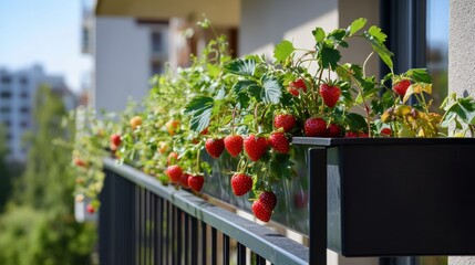 Strawberry plants with lots of ripe red strawberries in a balcony railing planter, apartment or urban gardening concept.