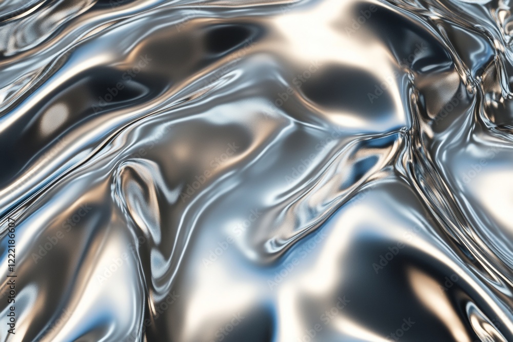 Poster the surface displays an intricate texture resembling liquid mercury, characterized by smooth waves a