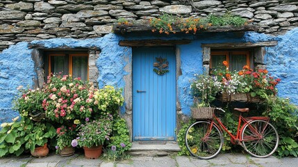 Picturesque Blue Cottage with Vibrant Flowers and Bicycle