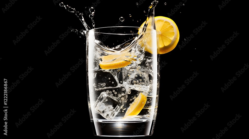 Poster refreshing glass of sparkling water with fresh lemon slices on a transparent studio background minim