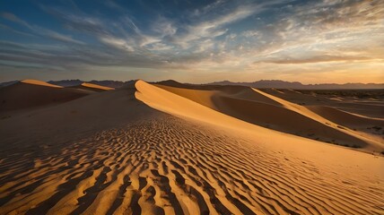 Sunset in a desert with wave of sand