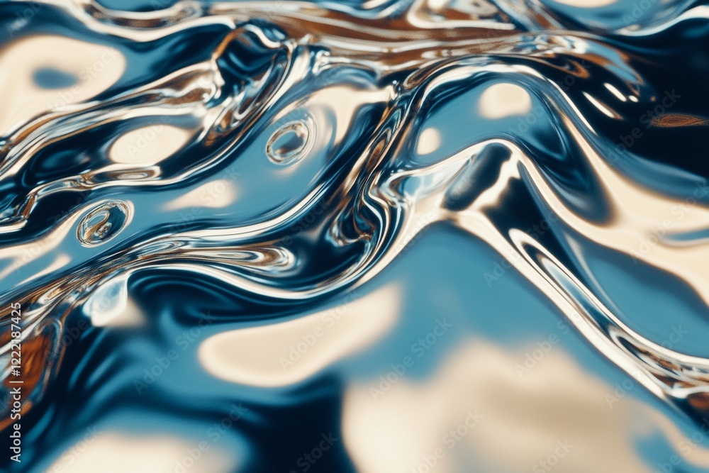 Poster a mesmerizing display of metallic liquid mercury features a smooth, reflective surface with flowing 
