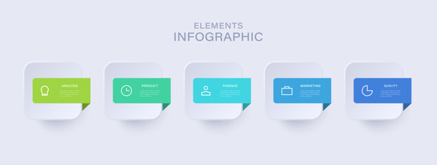 Progress bar featuring 5 elements for business strategy and progression. Timeline infographic  design template.