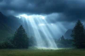 Sunbeams filtering through dark clouds illuminating meadow and trees