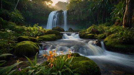 Tropical waterfall surrounded by vibrant wildflowers with long exposure photography