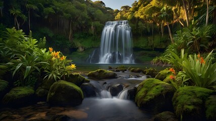 Tropical waterfall surrounded by vibrant wildflowers with long exposure photography