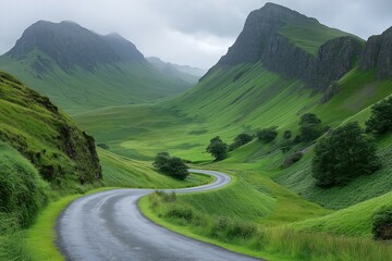 Fototapeta premium Winding road through lush green valley in scottish highlands