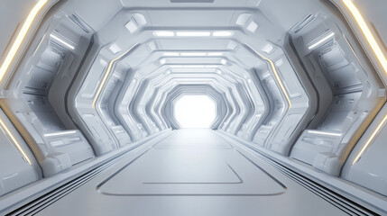 Obraz premium Abstract room, white corridor space of trapezoidal shape. Contemporary construction, 3d render architecture design. Realistic wide light gallery hall interior, tunnel with exit, futuristic background
