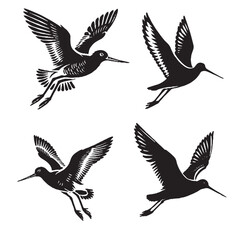 "Detailed Vector of the Flying Black-tailed Godwit Silhouette Isolated on White Background"