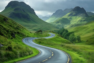 Fototapeta premium Winding road through lush green scottish highlands