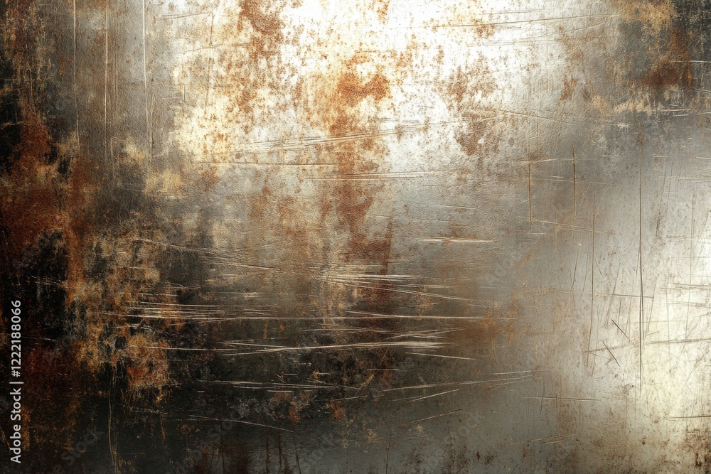 Poster metallic surface displays intricate details of scratches and rust patterns, highlighting the effects