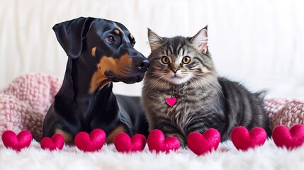 Atypical couple featuring a sleek Doberman and a fluffy feline sharing a moment of love and companionship on February 14th with decorative pink and red accents on a white background