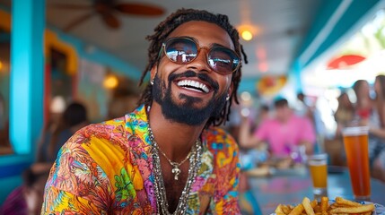 Fototapeta premium A joyful man enjoying a meal in a vibrant, lively restaurant setting.