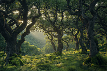 Fototapeta premium Sunbeams shining through gnarled trees in a magical forest