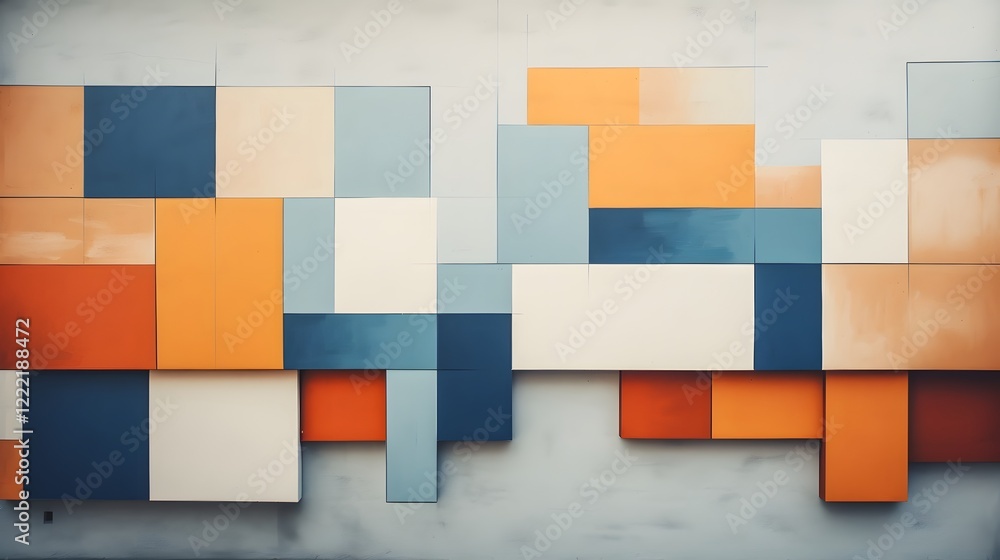 Poster cubist pattern adorning the wall of a modern and sleek contemporary building featuring a geometric d