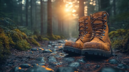 A pair of rustic hiking boots on a forest trail surrounded by sunlight and greenery.