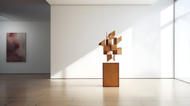 A sleek geometric cubist sculpture displayed in a minimalist white walled art gallery setting showcasing a modern and visual composition