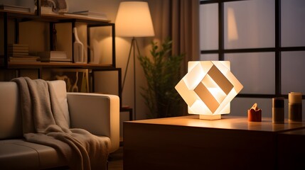 Fototapeta premium A sleek minimalist cubip shaped lamp casting a warm glowing illumination throughout a cozy contemporary residential or commercial interior space