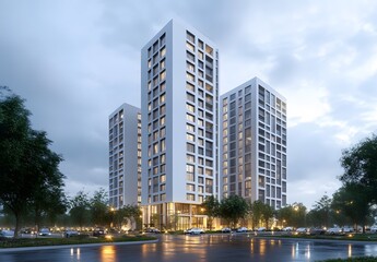 Modern apartment buildings at dusk, reflecting in wet street.