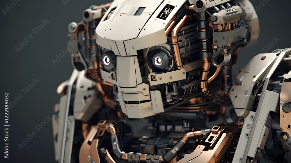 Poster a futuristic robot composed of interlocking cubical components with a sleek minimalist metallic desi