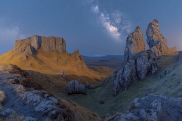 Obraz premium Milky way shining over old man of storr rock formations at dawn in isle of skye, scotland