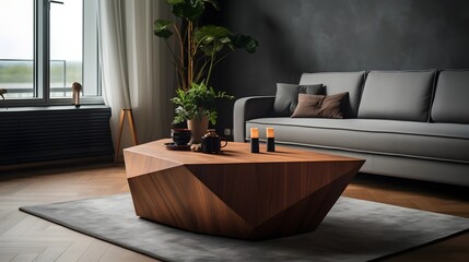 Cubic shaped coffee table made of wood and glass in a minimalist contemporary living room interior design  The geometric cubiform table adds a stylish elegant touch to the modern home decor