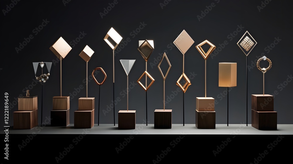 Poster sleek and minimalist display of a collection of cubip shaped jewelry pieces arranged on a modern 16 
